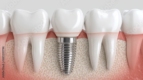 Dental Implant Illustration Metal Implant in Jawbone with Crown Surrounded by Natural Teeth and Gum