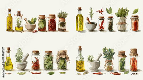 Rustic watercolor jars and bottles filled with herbs, spices, and olive oil. Perfect for culinary artwork, recipe design, and organic lifestyle projects.