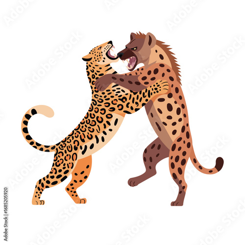 Leopard and hyena fighting in cartoon style