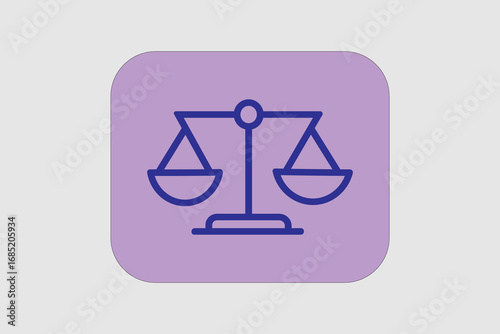 The image shows a purple icon of a balance scale placed inside a rounded square background. The balance scale symbolizes fairness, justice, equality, and decision-making.