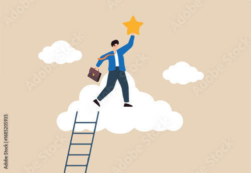 Flat illustration of successful businessman stand on clouds to reach precious star with ladder career victory business champion dream job