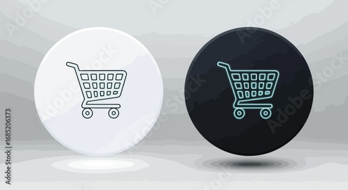 Vector illustration of a shopping cart icon outlined in blue on a white circle and a dark textured circle on a light gray background