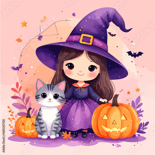 Adorable Little Witch with Cat and Pumpkins.