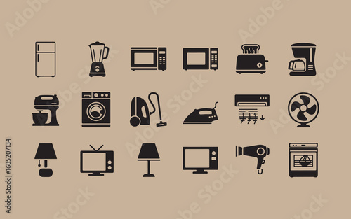 Collection of household appliance icons on a neutral background