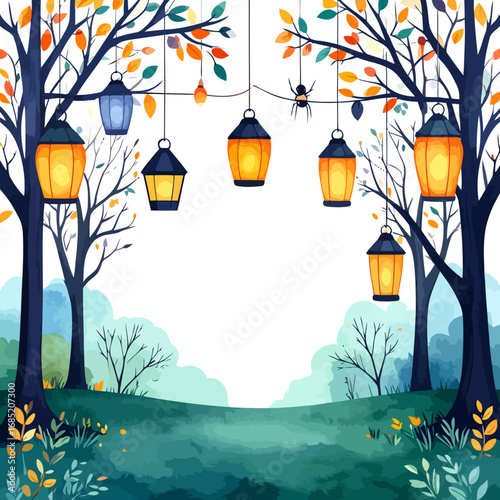 Autumnal lanterns hanging between trees.