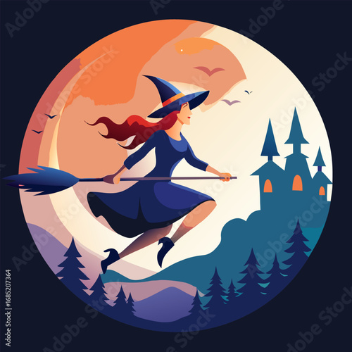 Whimsical witch flying on a broomstick under a full moon