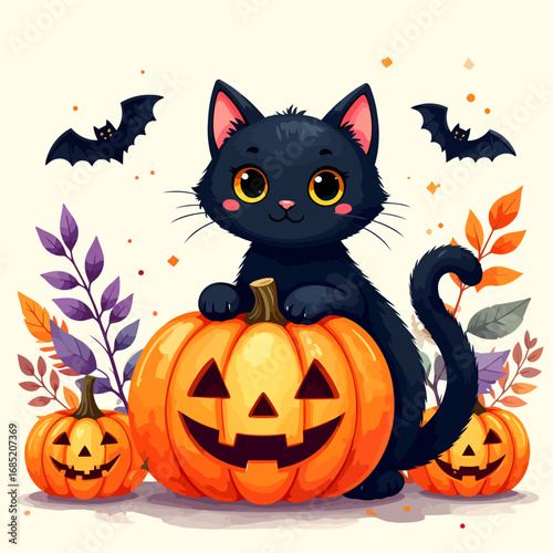 Adorable black kitten sitting on a Halloween pumpkin.