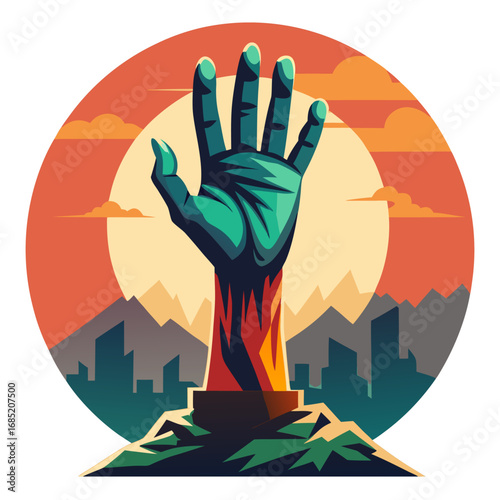 Scary zombie hand emerging from the ground