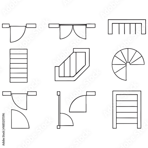 Doors, stairs for floor plan top view. Architectural elements set for apartment scheme. vector silhouette