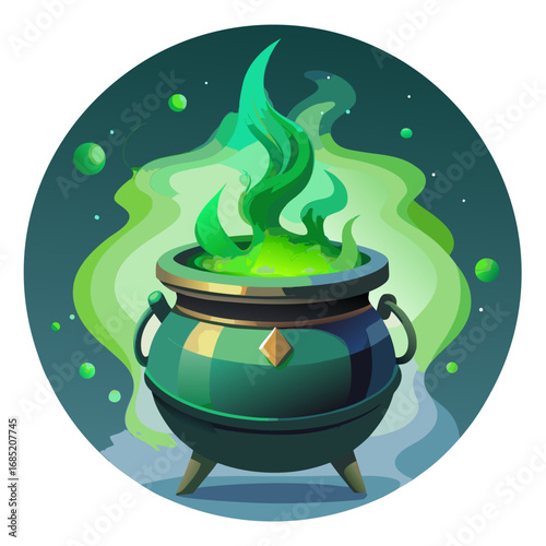 Mystical cauldron emitting colorful magical green smoke