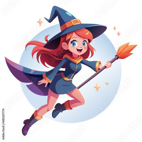 Adorable witch character flying on a broomstick with a colorful design