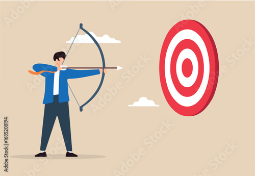 Flat illustration of businessman aim with archery bow to hit target ambition and goal achievement