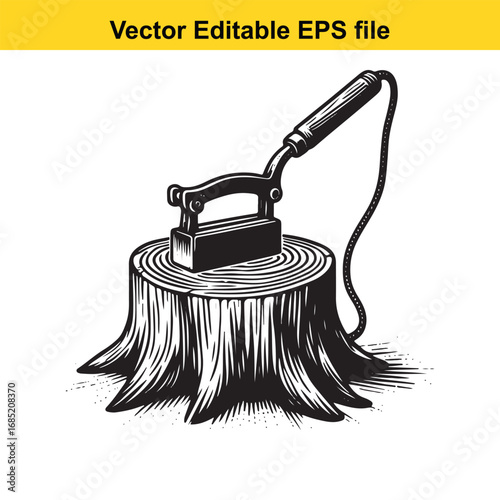Vintage electric iron resting on a tree stump, isolated on white background
