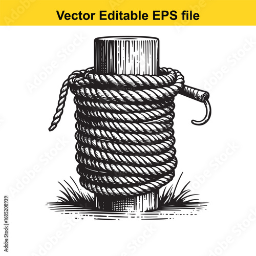 Rope coiled around a wooden post with a hook on the side