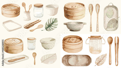 Rustic watercolor kitchen set with wooden spoons, jars, bowls, and trays. Perfect for culinary artwork, recipe books, and eco-friendly design projects.