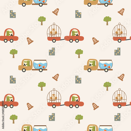 Crocodile truck bird and fish cartoon so cute. On traffic cone tree building background. Pattern seamless vector illustration. 