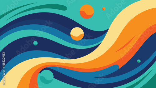 Abstract Swirling Waves and Circles in Teal Blue Orange and Yellow Tones Keywords: abstract, swirling, waves, circles, teal, blue, orange, yellow, cream, dark blue, modern, graphic, design