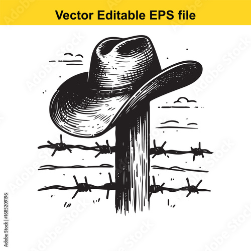Cowboy hat on a fence post with barbed wire, western style illustration