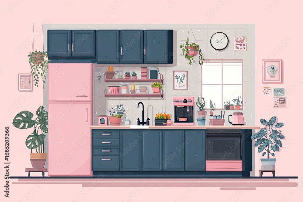 Fototapeta premium Pastel pink and navy blue kitchen with plants and appliances.