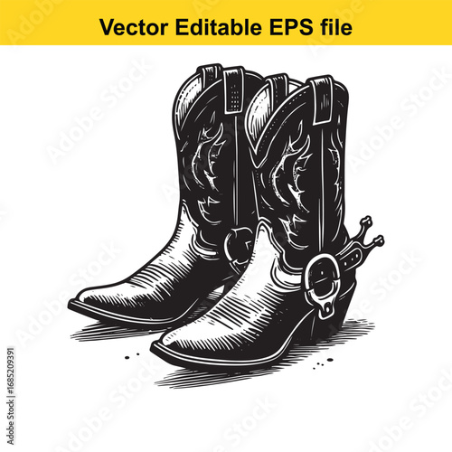 Pair of cowboy boots with spurs, isolated on white background