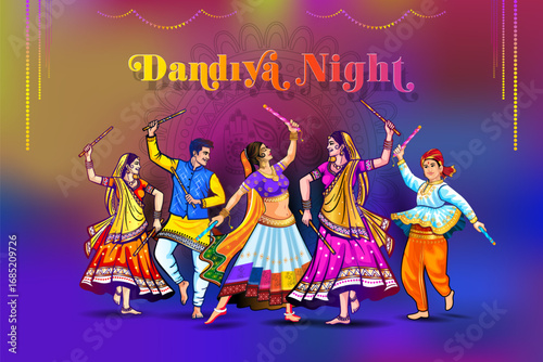 Vector illustration for Navratri, dussehra, diwali poster. Dandiya Night, dance, festive celebration and lights decoration background.