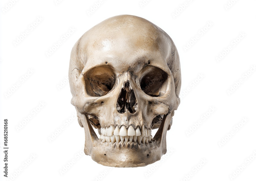 Obraz premium Full shot of a human skull, light beige color, with visible teeth