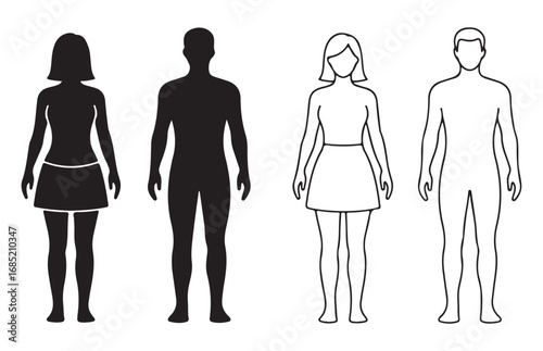 Quadro su tela Male and female human body silhouette icons set vector illustration