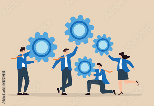Flat illustration of business people hold cogwheel teamwork collaboration build successful organization work together to help success mission cooperation or community	
