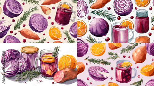 Watercolor pattern with purple cabbage, citrus, sweet potatoes, and herbs. Perfect for culinary design, recipe books, food packaging, and healthy lifestyle artwork.