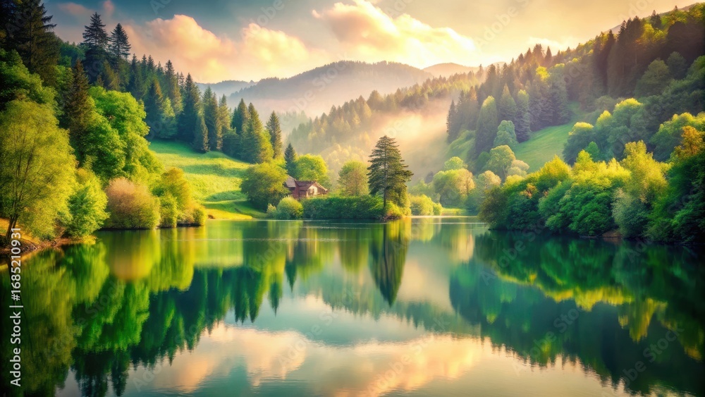 Naklejka premium Photo of serene mountain lake reflecting lush green trees and rolling hills under a golden sunrise with soft clouds and mist creating a tranquil, idyllic landscape