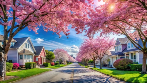 Photo of charming suburban street lined with blooming cherry blossom trees in full pink bloom, creating a picturesque canopy over houses and a clear blue sky