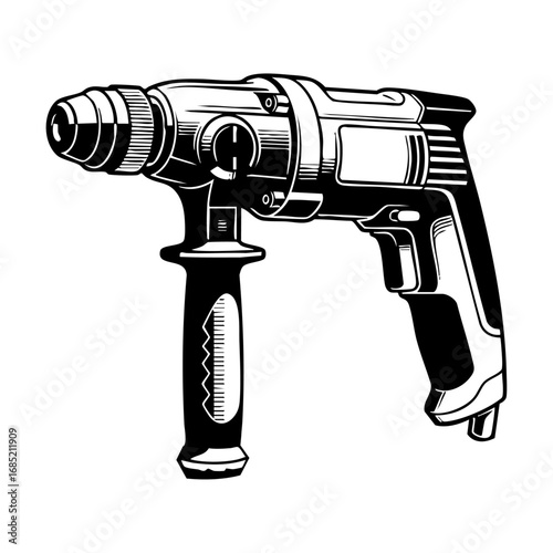 Black and white line art illustration of hammer drill