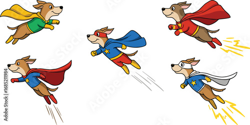 Cartoon superhero dogs flying in colorful costumes with capes, dynamic animal characters in action poses, fun pet illustration set for kids