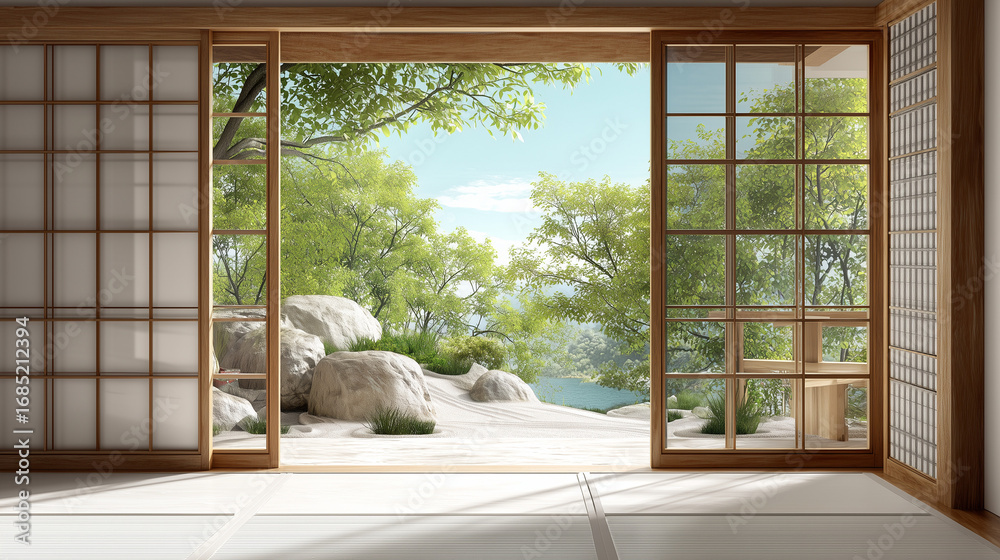 Naklejka premium This serene, minimalist room embodies Japanese design, featuring a large window that open space for meditation