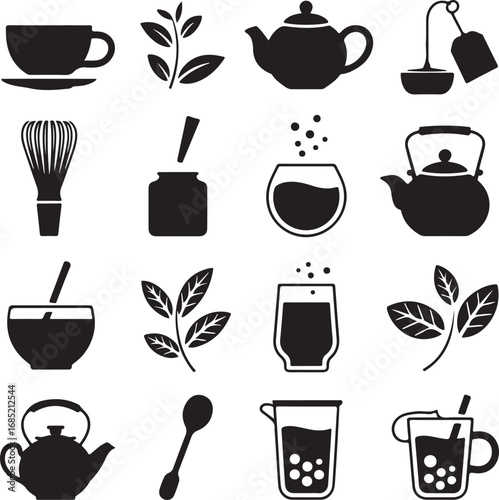 Black Silhouette Icons Representing Tea Preparation and Consumption teapot saucer