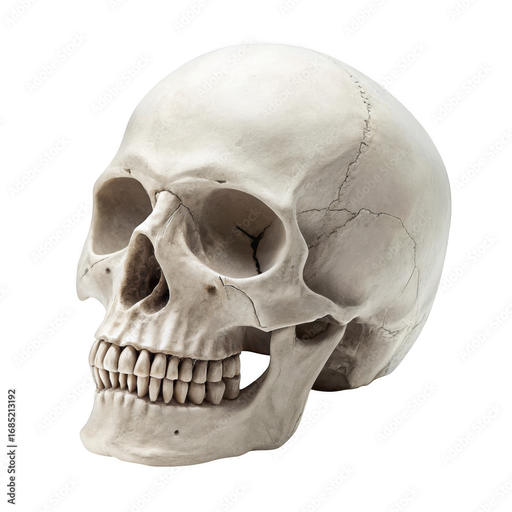 Fototapeta premium Human skull isolated on transparent background, a symbol of death and mortality