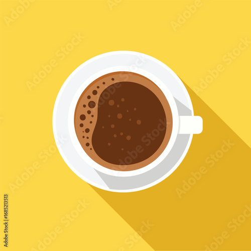 A top-down flat vector illustration of a cup of coffee on a saucer, set against a solid yellow background