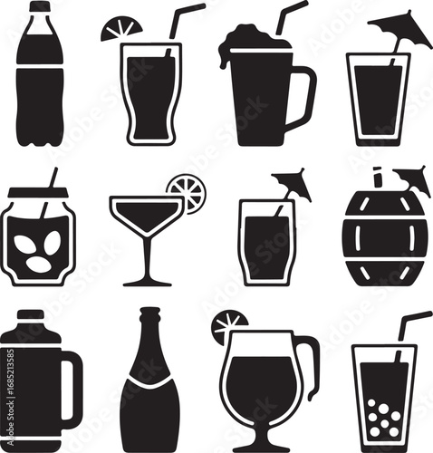 Assortment of refreshing beverage and drink icons drinks beverages