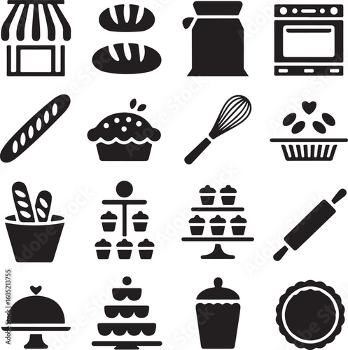 Bakery and pastry shop items and baking tools icons bread