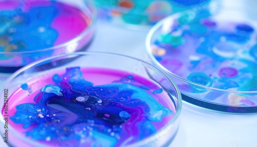 Wallpaper Mural Vibrant blue and purple liquids swirling in petri dishes, depicting scientific experiments, microbiology, or abstract patterns. Torontodigital.ca