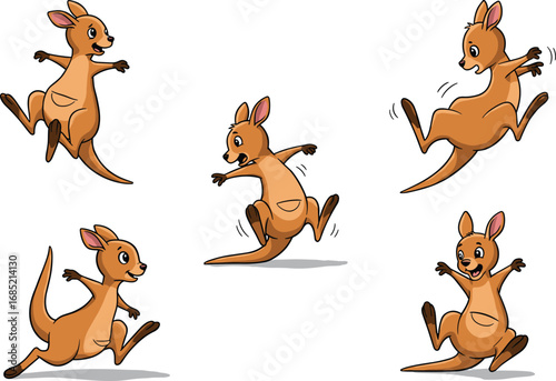 Energetic cartoon kangaroo character set, cute Australian animal mascot in playful jumping and leaping poses, fun wildlife illustration for kids designs