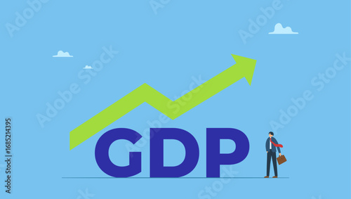 Businessman stand with GDP word and growing graph and chart. GDP Gross domestic product, import or export for country revenue growth, stock market profit value, annual percentage value report.