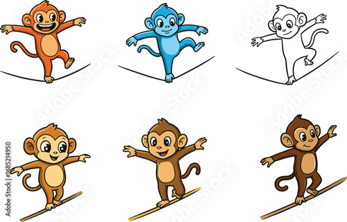 Playful cartoon monkey walking on tightrope, cute animal mascot balancing in fun circus poses, cheerful wildlife illustration for kids design projects