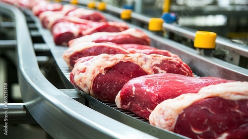 A production line showcasing cuts of red meat ready for processing in a food manufacturing facility.
