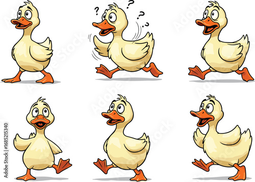 Playful cartoon yellow duck character set, cute animal mascot in various poses and expressions, funny farm bird illustration for kids design