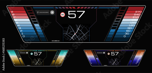 Display features various speed readings, a navigation map, and a sleek design suitable for a contemporary car dashboard. Digital elements enhance user interaction.