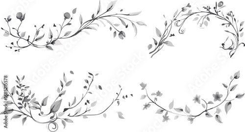 Delicate botanical wreath designs with elegant twigs and small flowers on white background