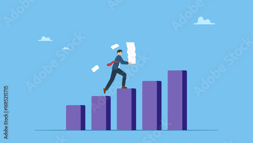 Businessman carry heavy document paper step on growth graph. Effort or hard work to success, work burden or heavy pressure weight, challenge to climb career ladder, motivation or efficiency.