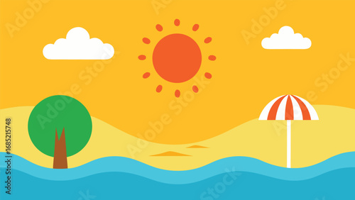 Bright Sunny Beach Landscape With Green Tree And Umbrella On Yellow Sky summer vacation
