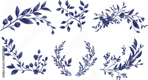 Collection of elegant dark blue watercolor floral branches and leaves for decorative design elements